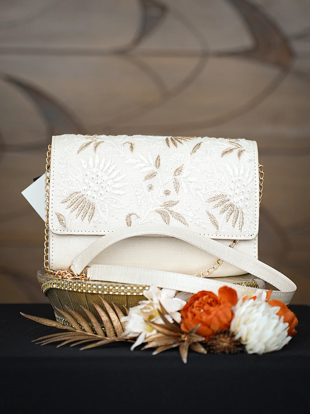 Ada Hand Embroidered Cream Silk Lucknowi Chikankari Clutch With Zari Taar Work 01A791596