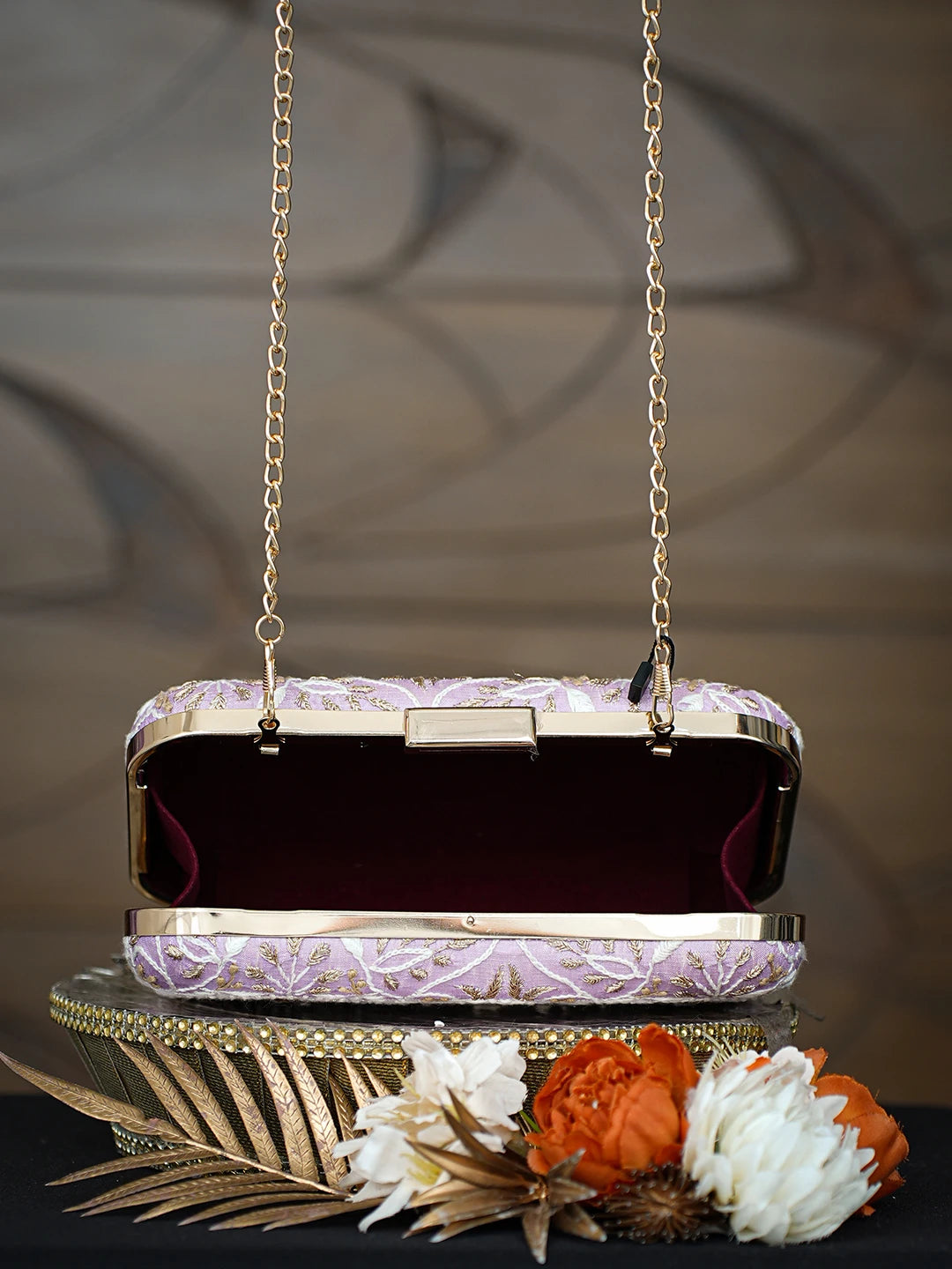 Ada Hand Embroidered Mauve Silk Lucknowi Chikankari Clutch With Zari Taar Work 01A784740