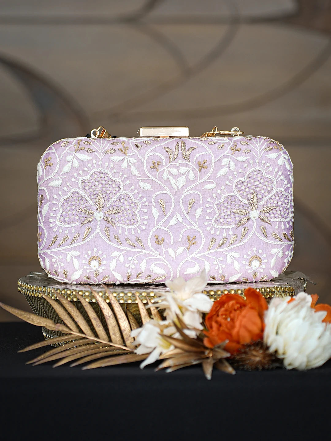 Ada Hand Embroidered Mauve Silk Lucknowi Chikankari Clutch With Zari Taar Work 01A784740