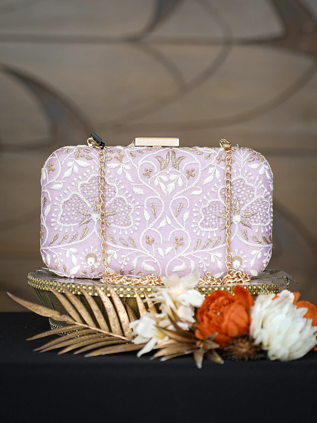 Ada Hand Embroidered Mauve Silk Lucknowi Chikankari Clutch With Zari Taar Work 01A784740
