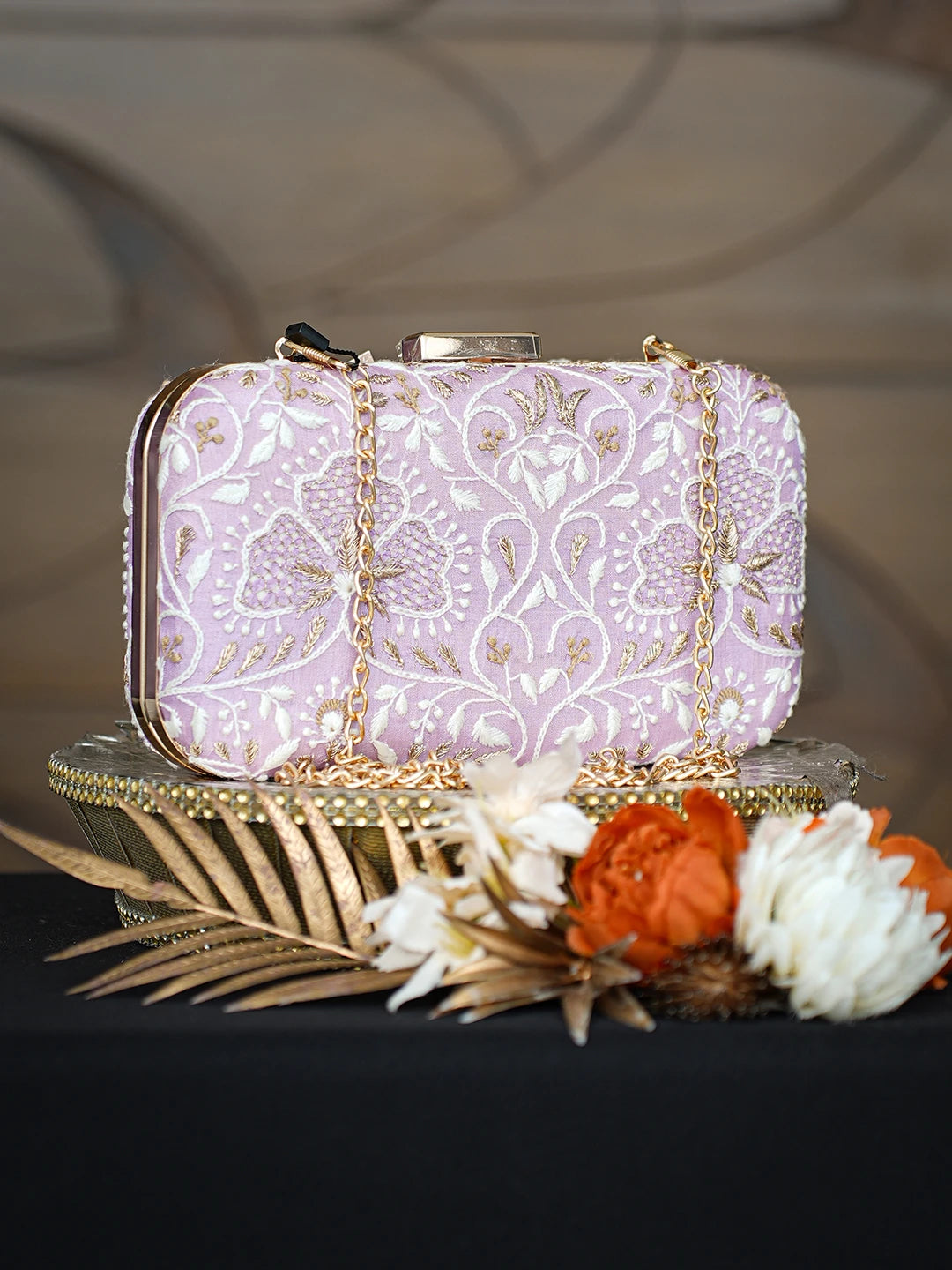 Ada Hand Embroidered Mauve Silk Lucknowi Chikankari Clutch With Zari Taar Work 01A784740