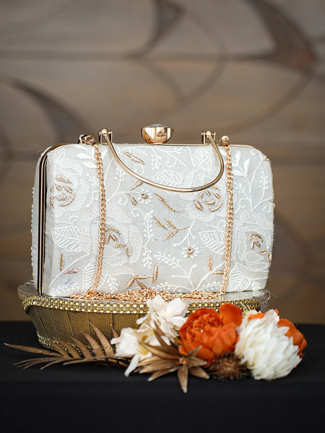 Ada Hand Embroidered Grey Silk Lucknowi Chikankari Clutch With Zari Taar Work 01A781614