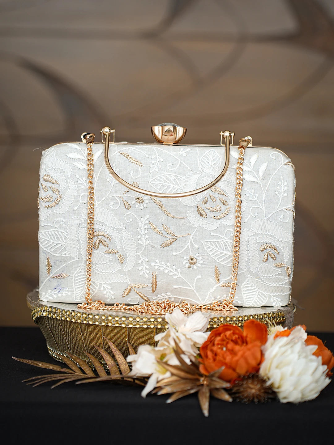 Ada Hand Embroidered Grey Silk Lucknowi Chikankari Clutch With Zari Taar Work 01A781614