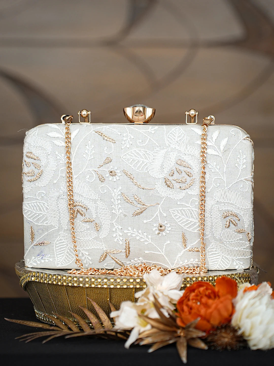 Ada Hand Embroidered Grey Silk Lucknowi Chikankari Clutch With Zari Taar Work 01A781614