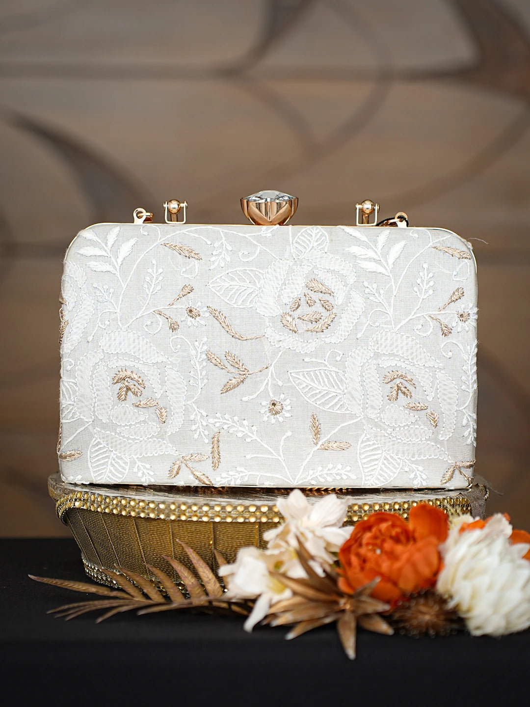 Ada Hand Embroidered Grey Silk Lucknowi Chikankari Clutch With Zari Taar Work 01A781614