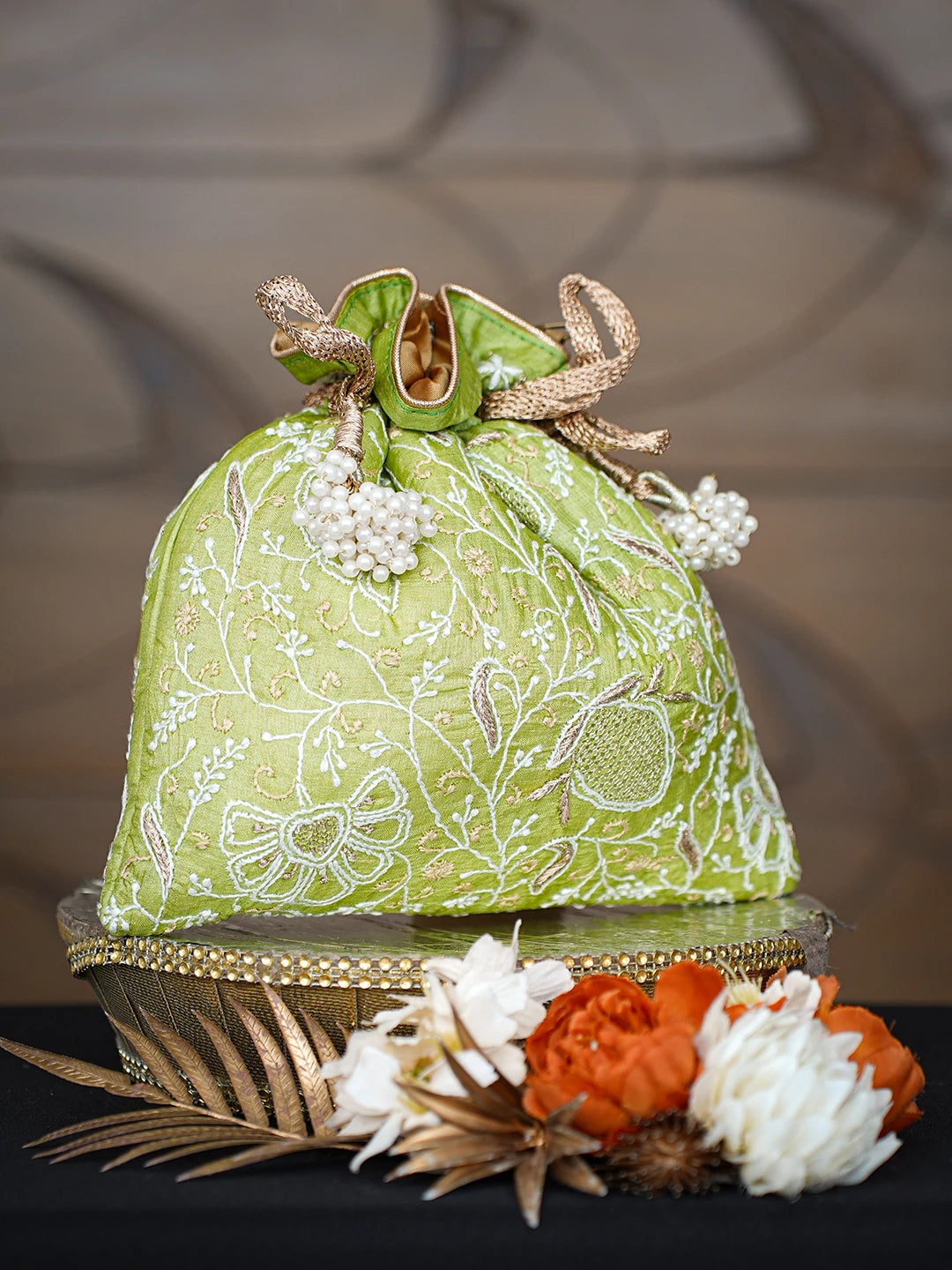 Ada Hand Embroidered Green Silk Lucknowi Chikankari Potli With Zari Work 01A662354
