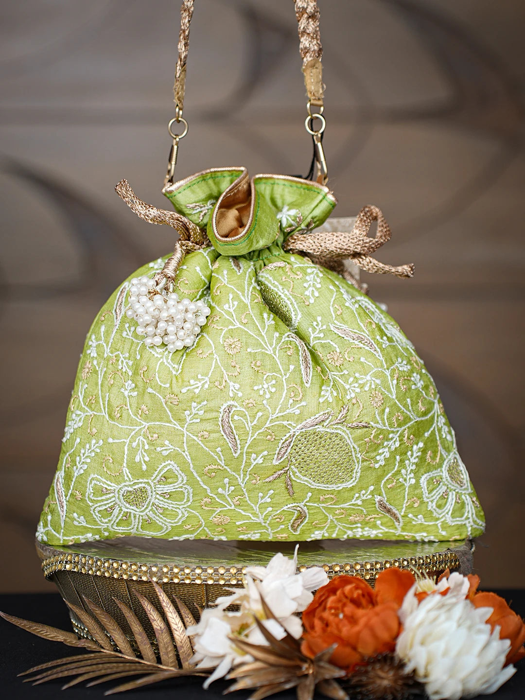 Ada Hand Embroidered Green Silk Lucknowi Chikankari Potli With Zari Work 01A662354