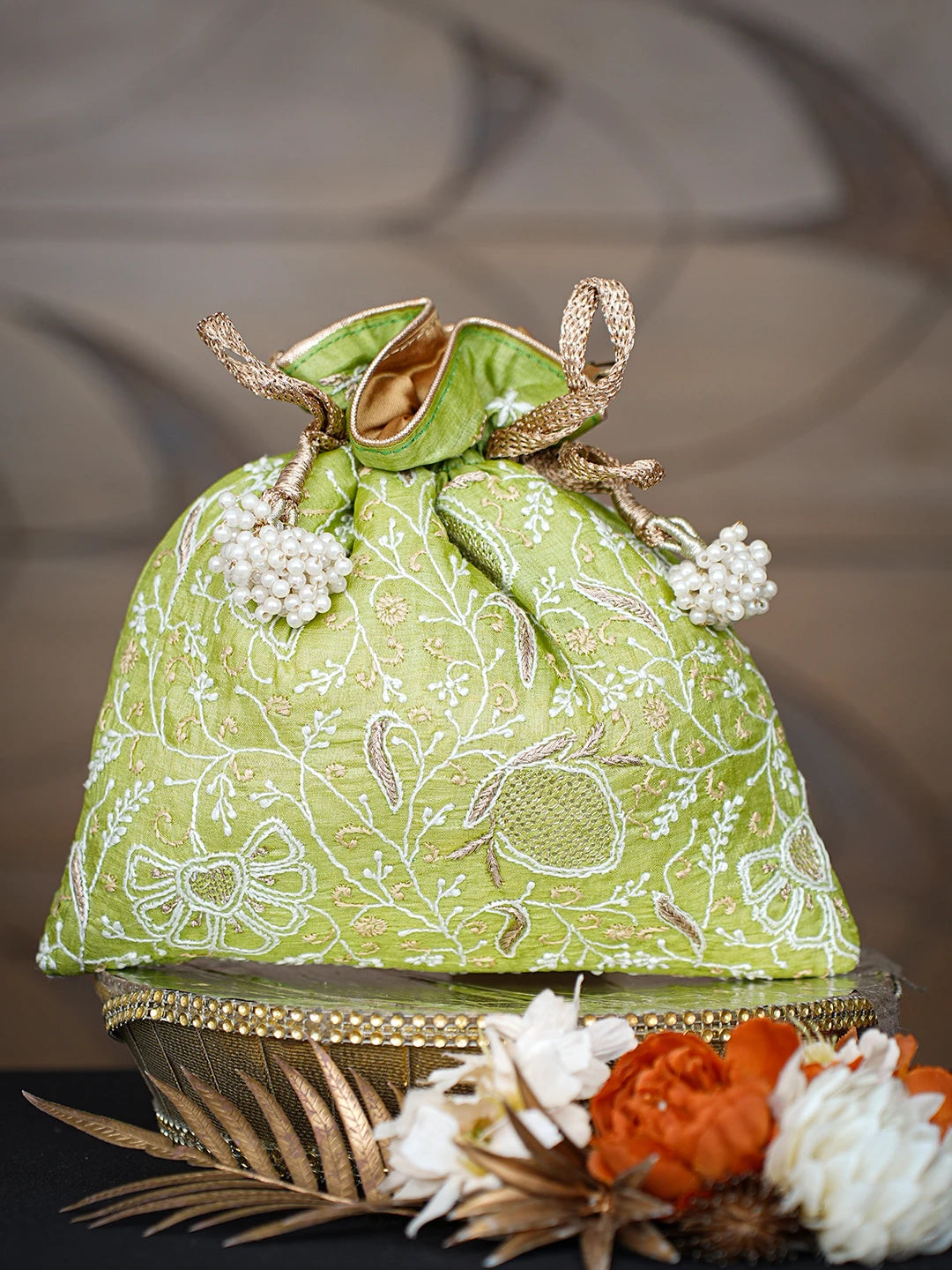 Ada Hand Embroidered Green Silk Lucknowi Chikankari Potli With Zari Work 01A662354