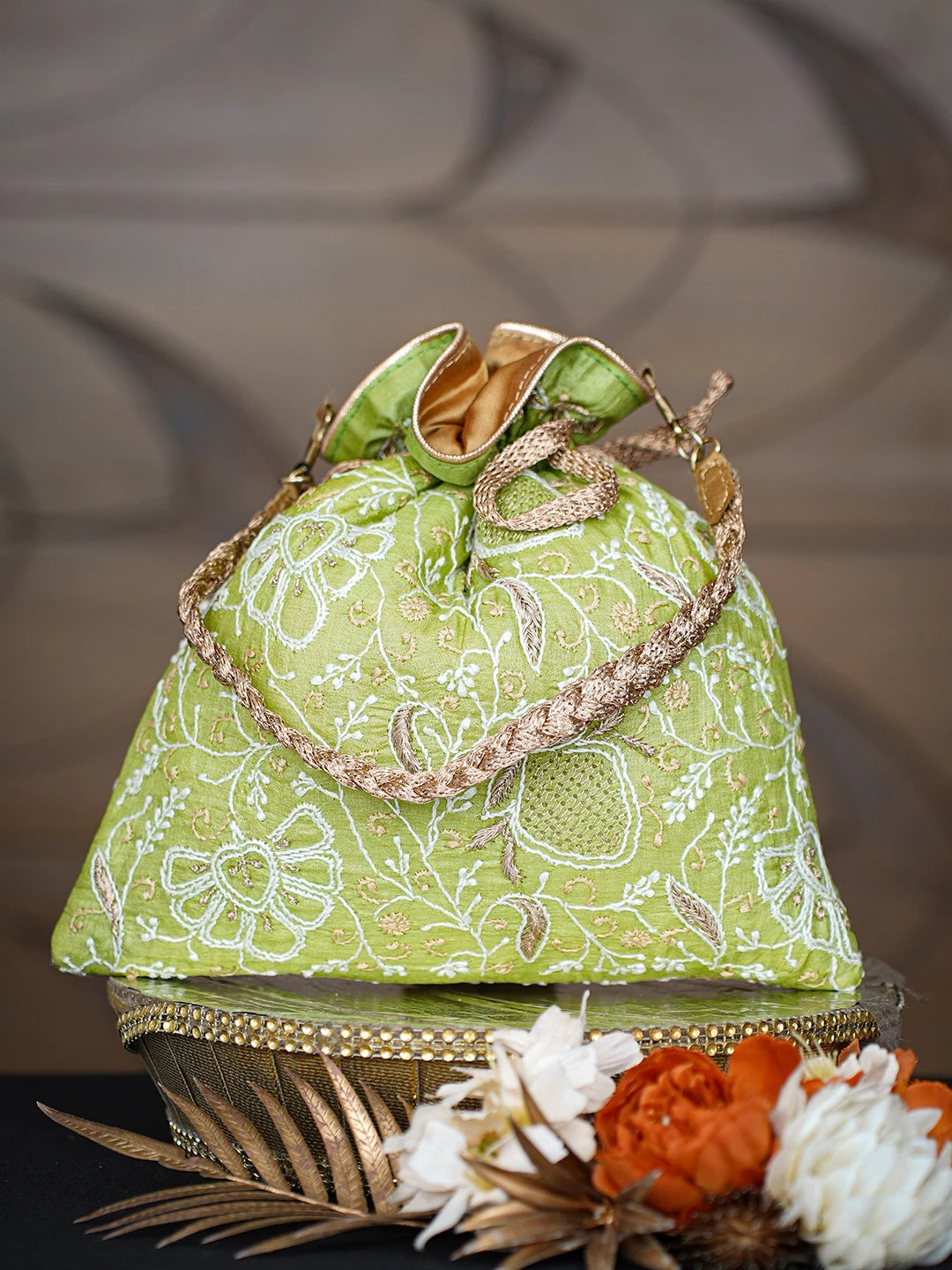 Ada Hand Embroidered Green Silk Lucknowi Chikankari Potli With Zari Work 01A662354