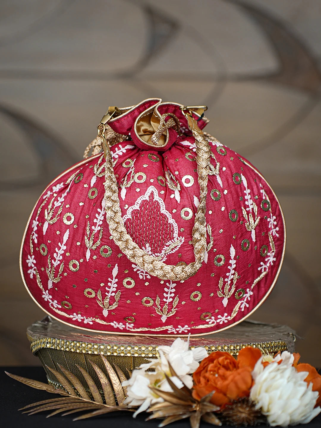 Ada Hand Embroidered Red Silk Lucknowi Chikankari Potli With Zari Work 01A621558
