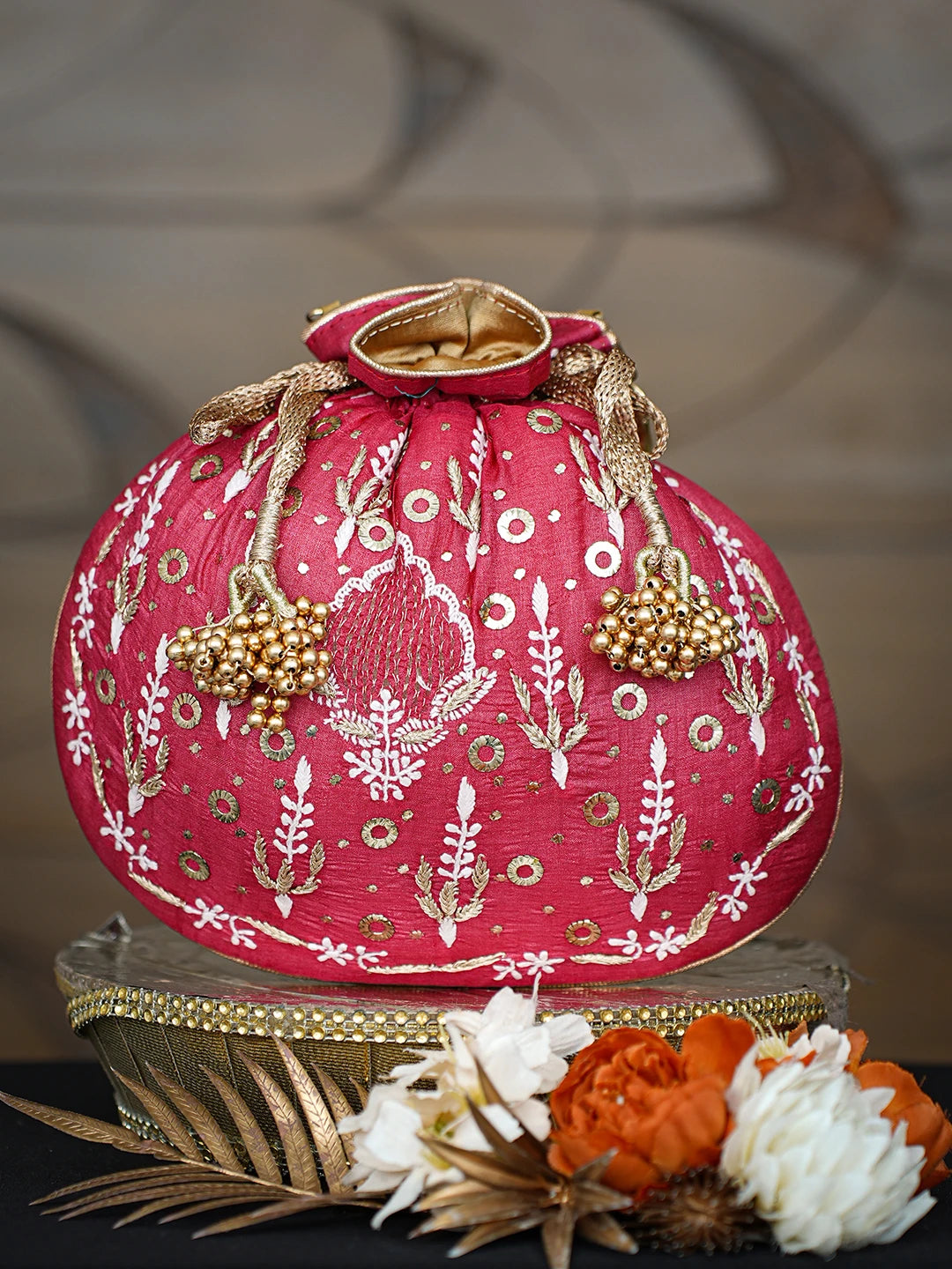Ada Hand Embroidered Red Silk Lucknowi Chikankari Potli With Zari Work 01A621558