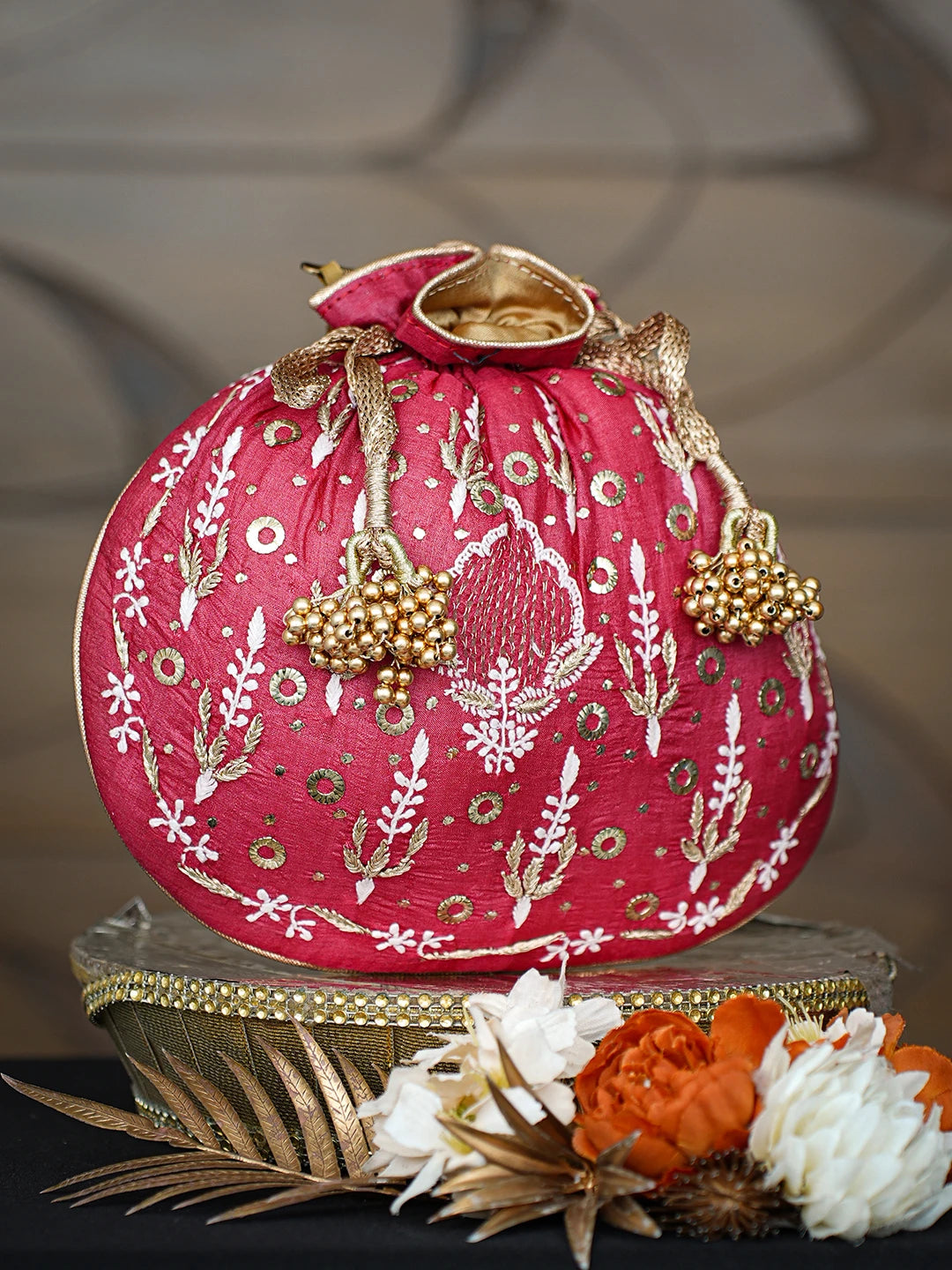 Ada Hand Embroidered Red Silk Lucknowi Chikankari Potli With Zari Work 01A621558