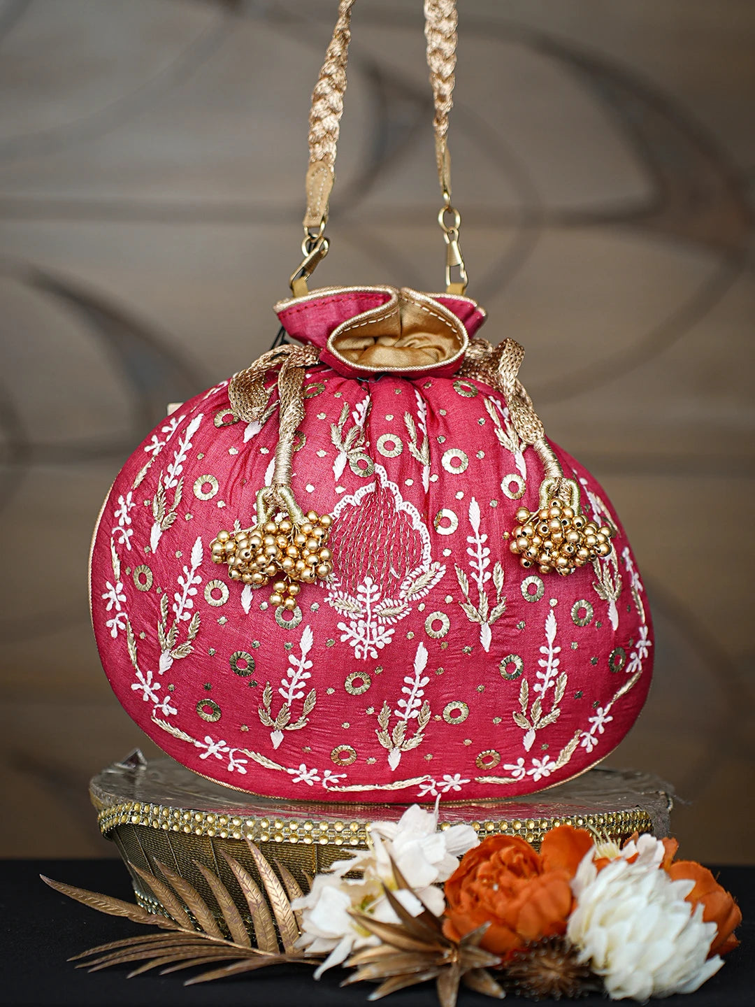 Ada Hand Embroidered Red Silk Lucknowi Chikankari Potli With Zari Work 01A621558