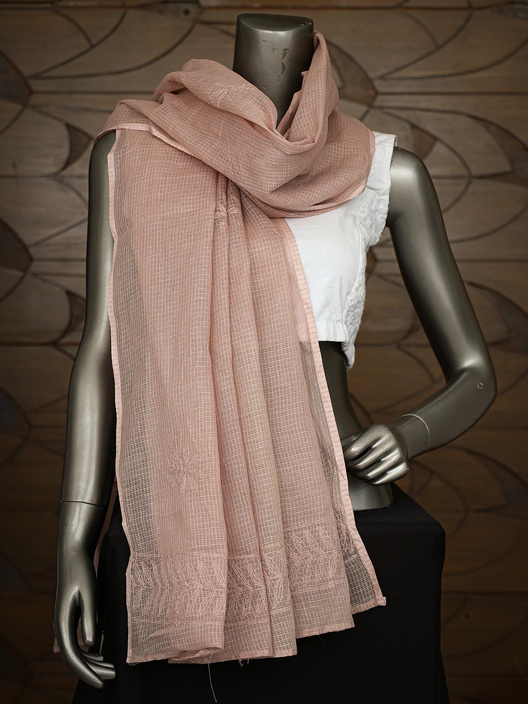 Ada Hand Embroidered Dusty Peach Kota Lucknowi Chikankari Dupatta 01A737375