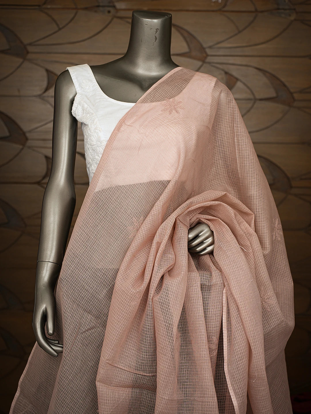 Ada Hand Embroidered Dusty Peach Kota Lucknowi Chikankari Dupatta 01A737375