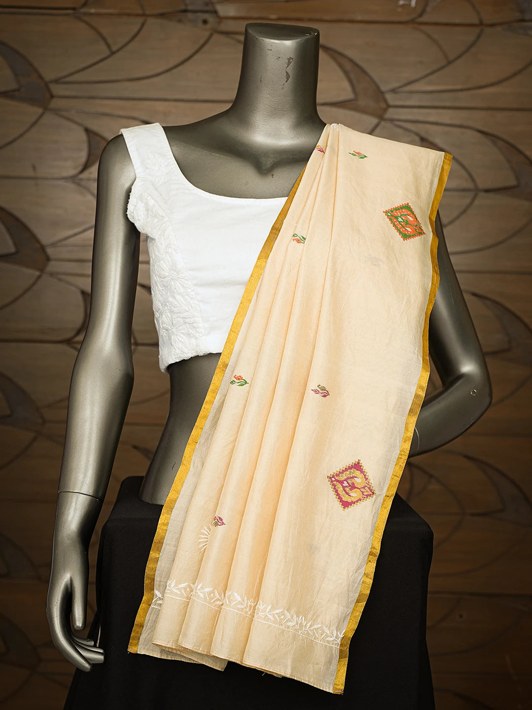 Ada Hand Embroidered Fawn Silk Lucknowi Chikankari Dupatta 01A322979