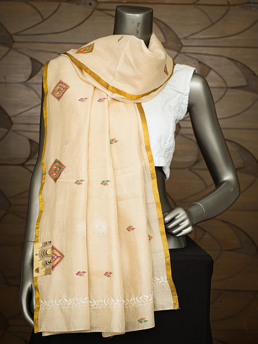 Ada Hand Embroidered Fawn Silk Lucknowi Chikankari Dupatta 01A322979