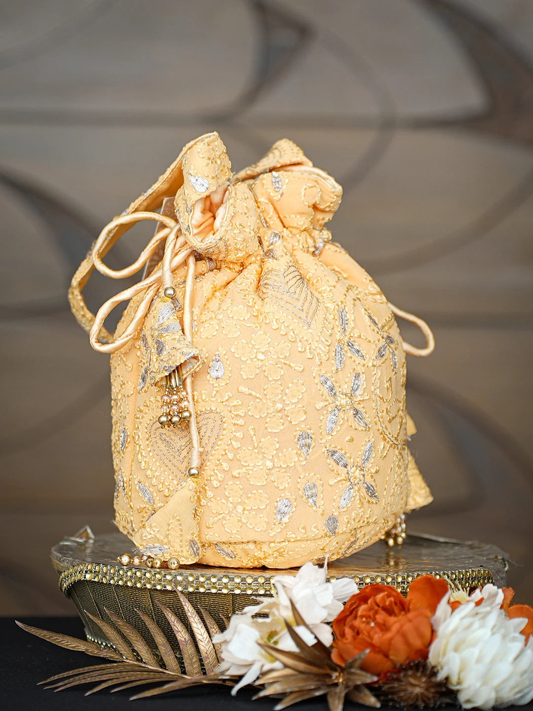 Ada Hand Embroidered Mustard Viscose Georgette Lucknowi Chikankari Potli Bag With Gota Patti Work 01A631271