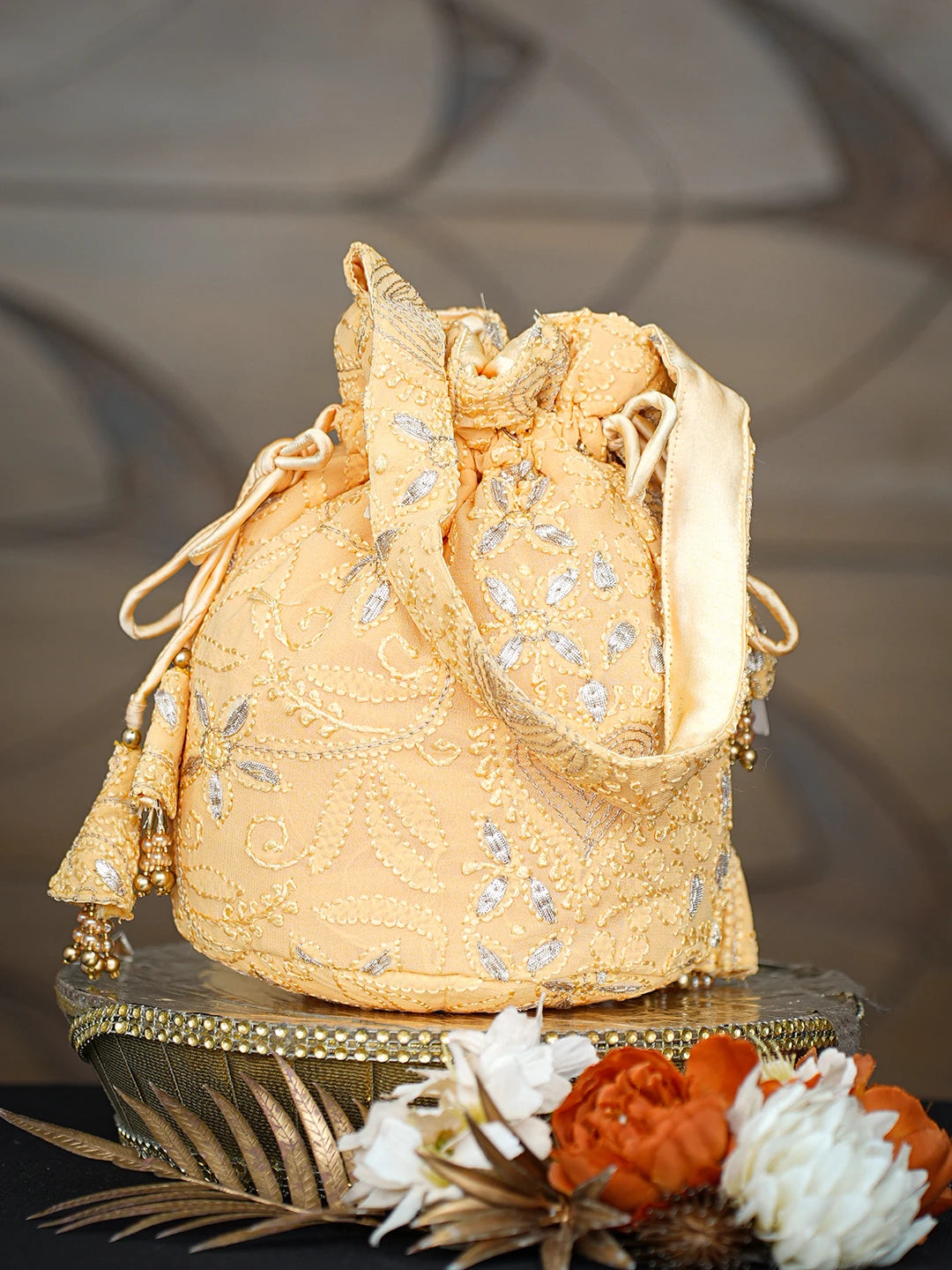 Ada Hand Embroidered Mustard Viscose Georgette Lucknowi Chikankari Potli Bag With Gota Patti Work 01A631271