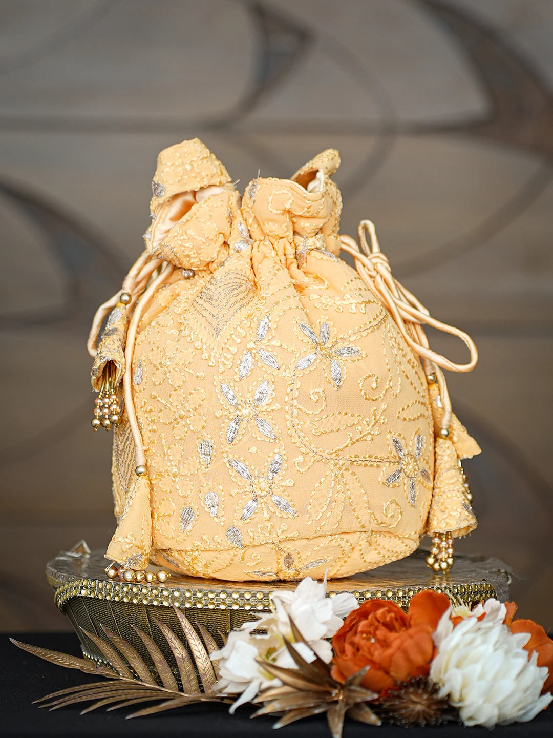 Ada Hand Embroidered Mustard Viscose Georgette Lucknowi Chikankari Potli Bag With Gota Patti Work 01A631271