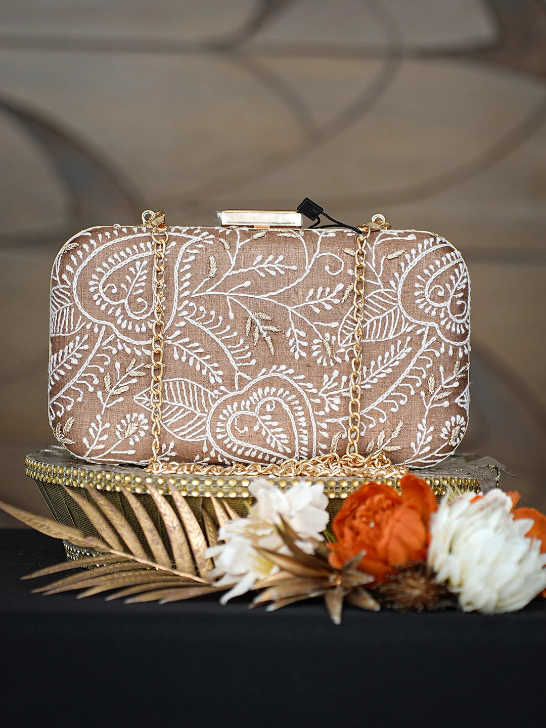 Ada Hand Embroidered Brown Silk Lucknowi Chikankari Clutch With Zari Work 01A784736