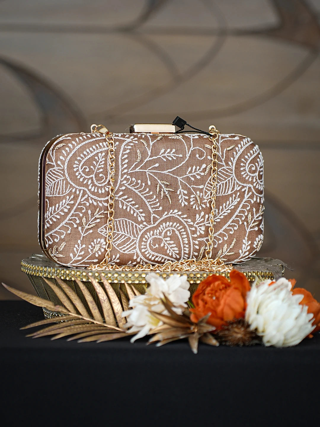 Ada Hand Embroidered Brown Silk Lucknowi Chikankari Clutch With Zari Work 01A784736