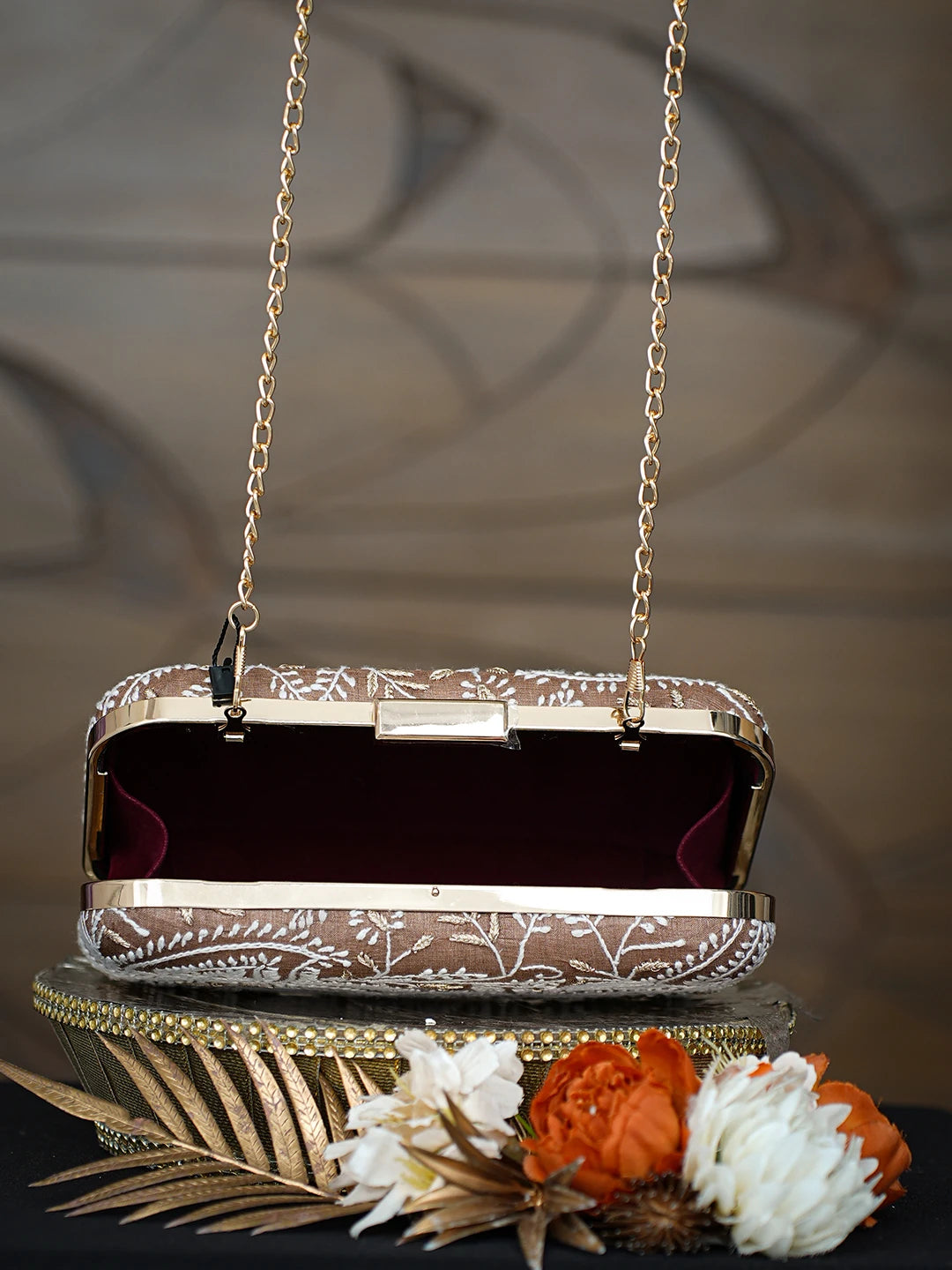 Ada Hand Embroidered Brown Silk Lucknowi Chikankari Clutch With Zari Work 01A784736