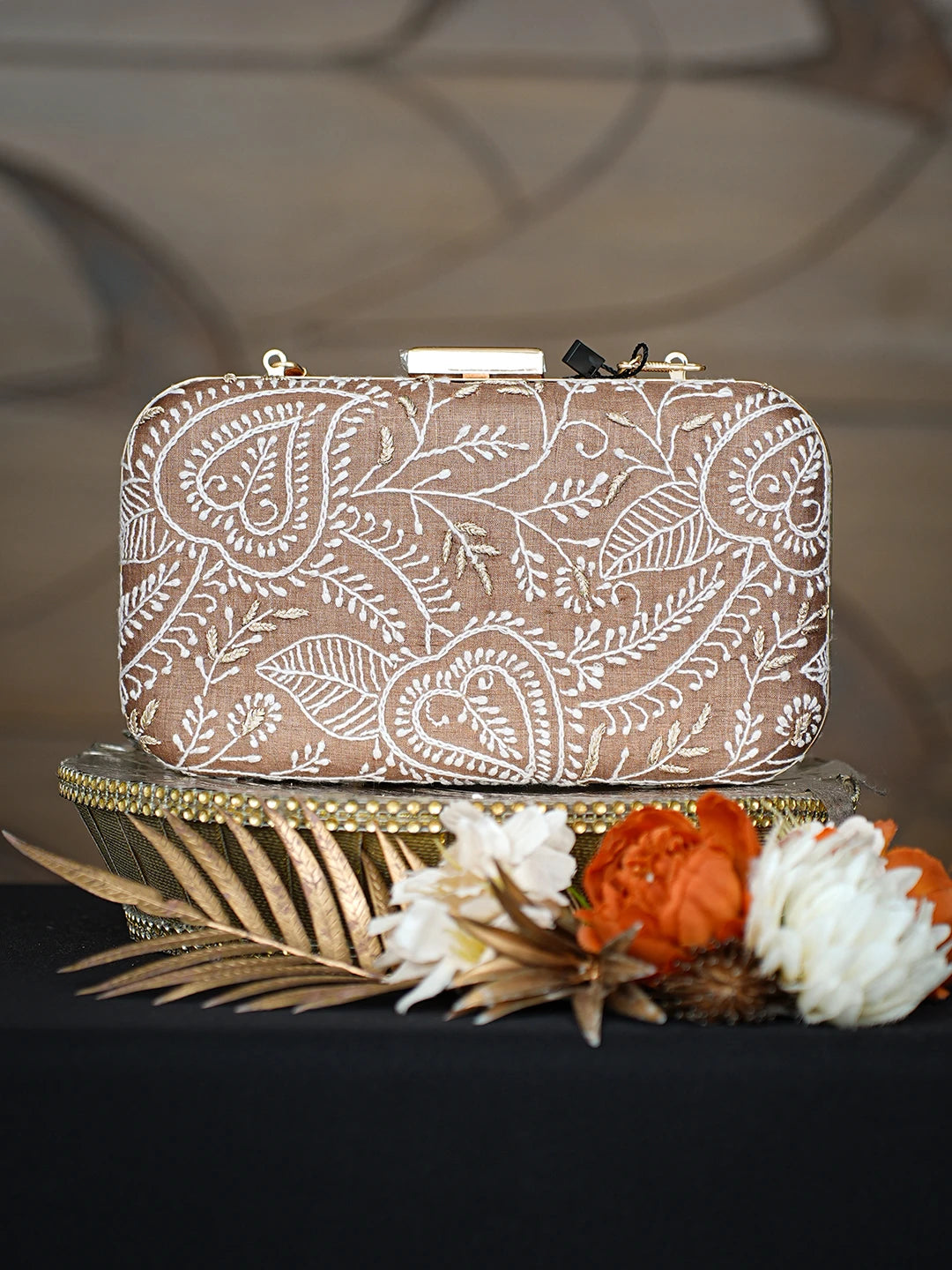 Ada Hand Embroidered Brown Silk Lucknowi Chikankari Clutch With Zari Work 01A784736