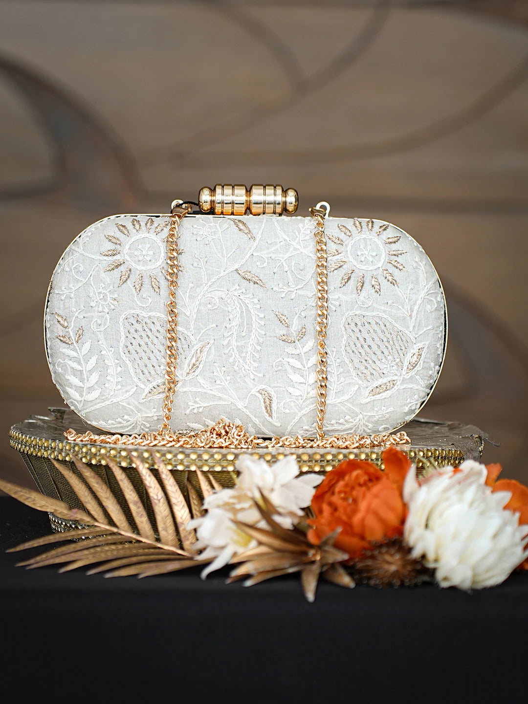 Ada Hand Embroidered Grey Silk Lucknowi Chikankari Clutch With Zari Taar Work 01A781621
