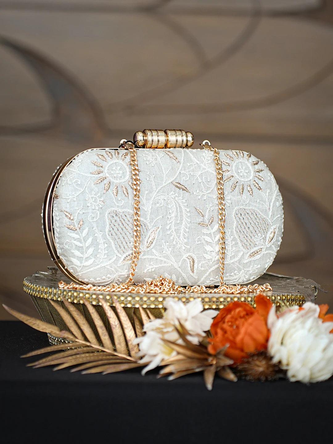 Ada Hand Embroidered Grey Silk Lucknowi Chikankari Clutch With Zari Taar Work 01A781621