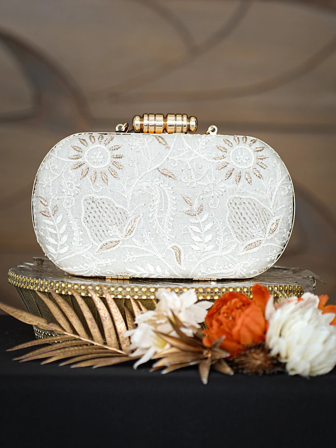 Ada Hand Embroidered Grey Silk Lucknowi Chikankari Clutch With Zari Taar Work 01A781621