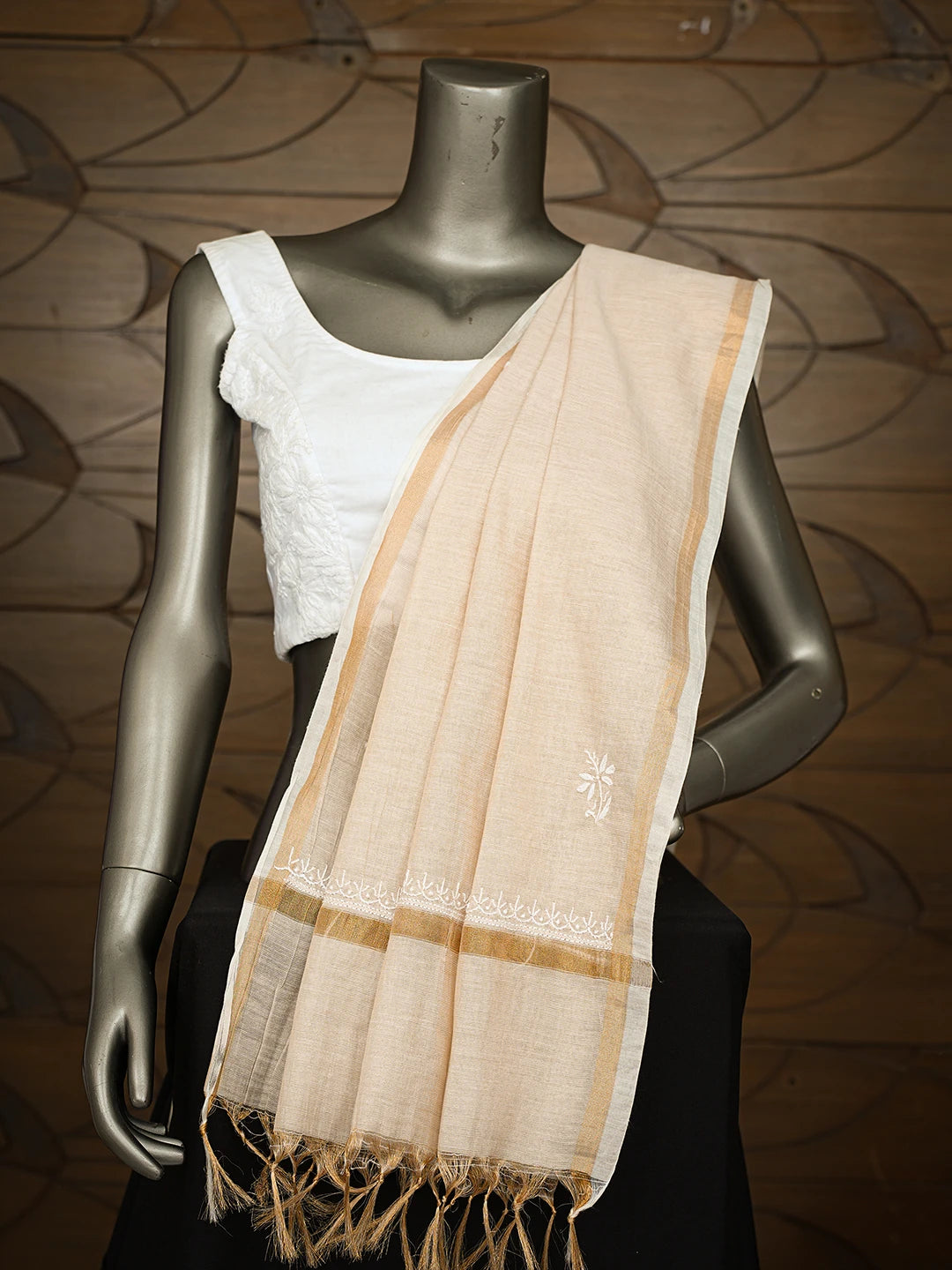 Ada Hand Embroidered Fawn Chanderi Lucknowi Chikankari Dupatta A614934