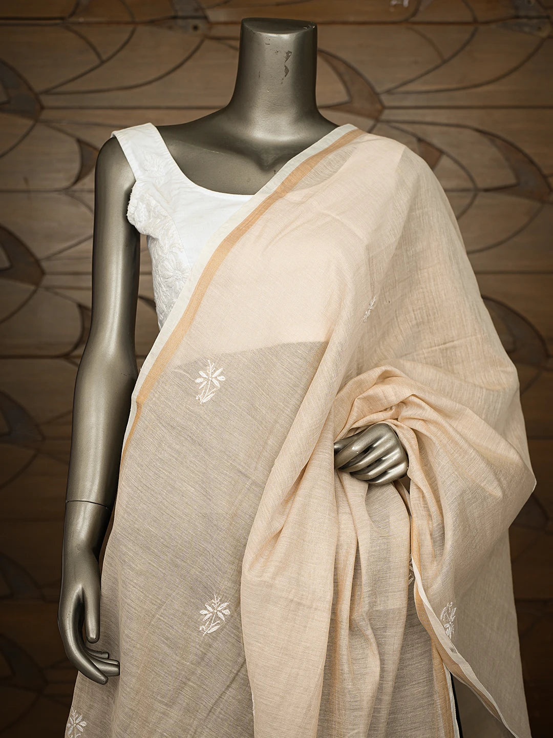 Ada Hand Embroidered Fawn Chanderi Lucknowi Chikankari Dupatta A614934