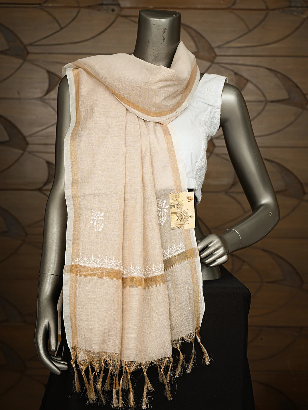 Ada Hand Embroidered Fawn Chanderi Lucknowi Chikankari Dupatta A614934