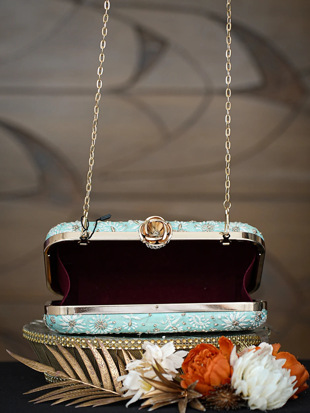 Ada Hand Embroidered Turquoise Silk Lucknowi Chikankari Clutch With Zari Taar Work 01A319521