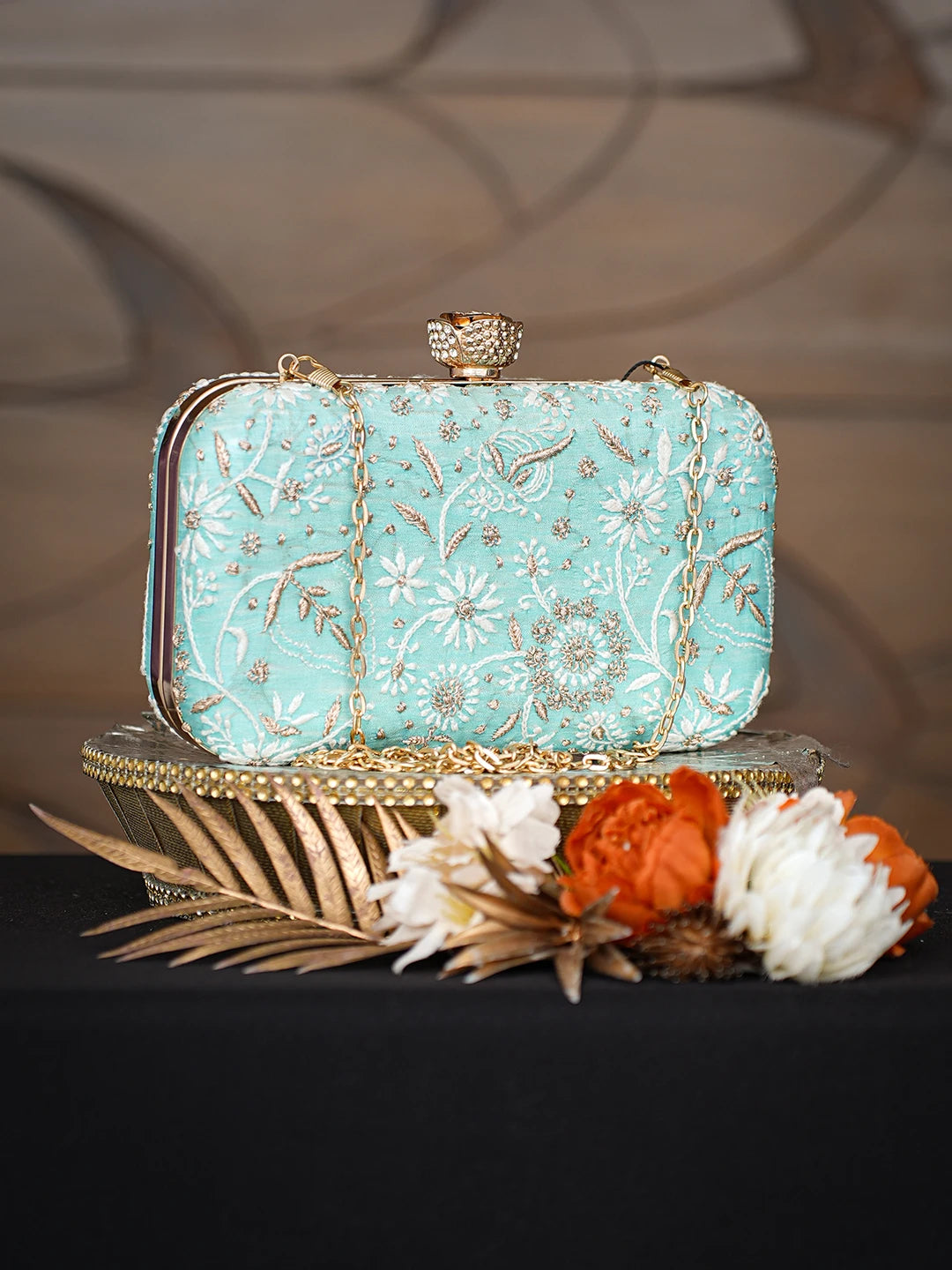 Ada Hand Embroidered Turquoise Silk Lucknowi Chikankari Clutch With Zari Taar Work 01A319521