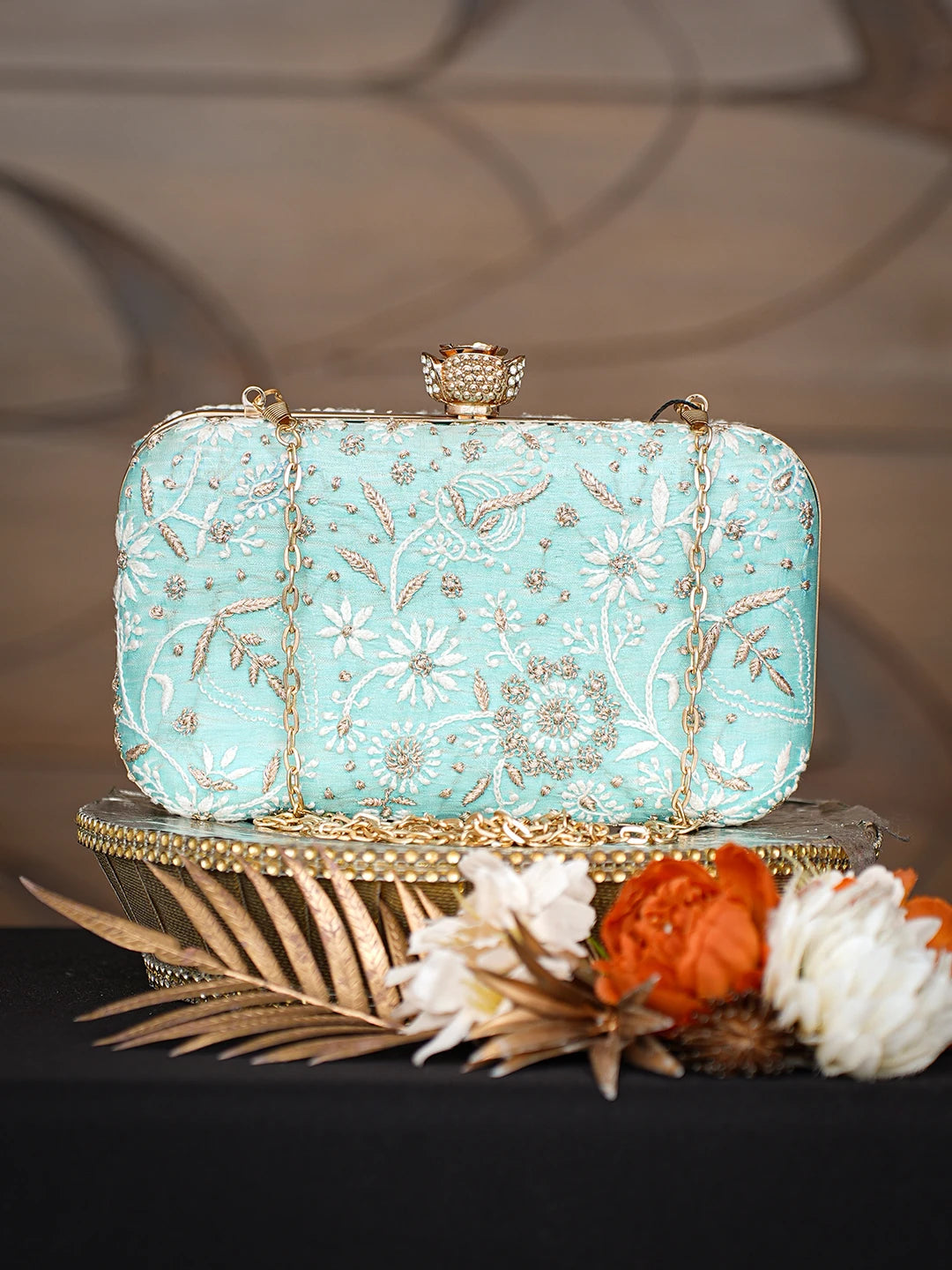 Ada Hand Embroidered Turquoise Silk Lucknowi Chikankari Clutch With Zari Taar Work 01A319521