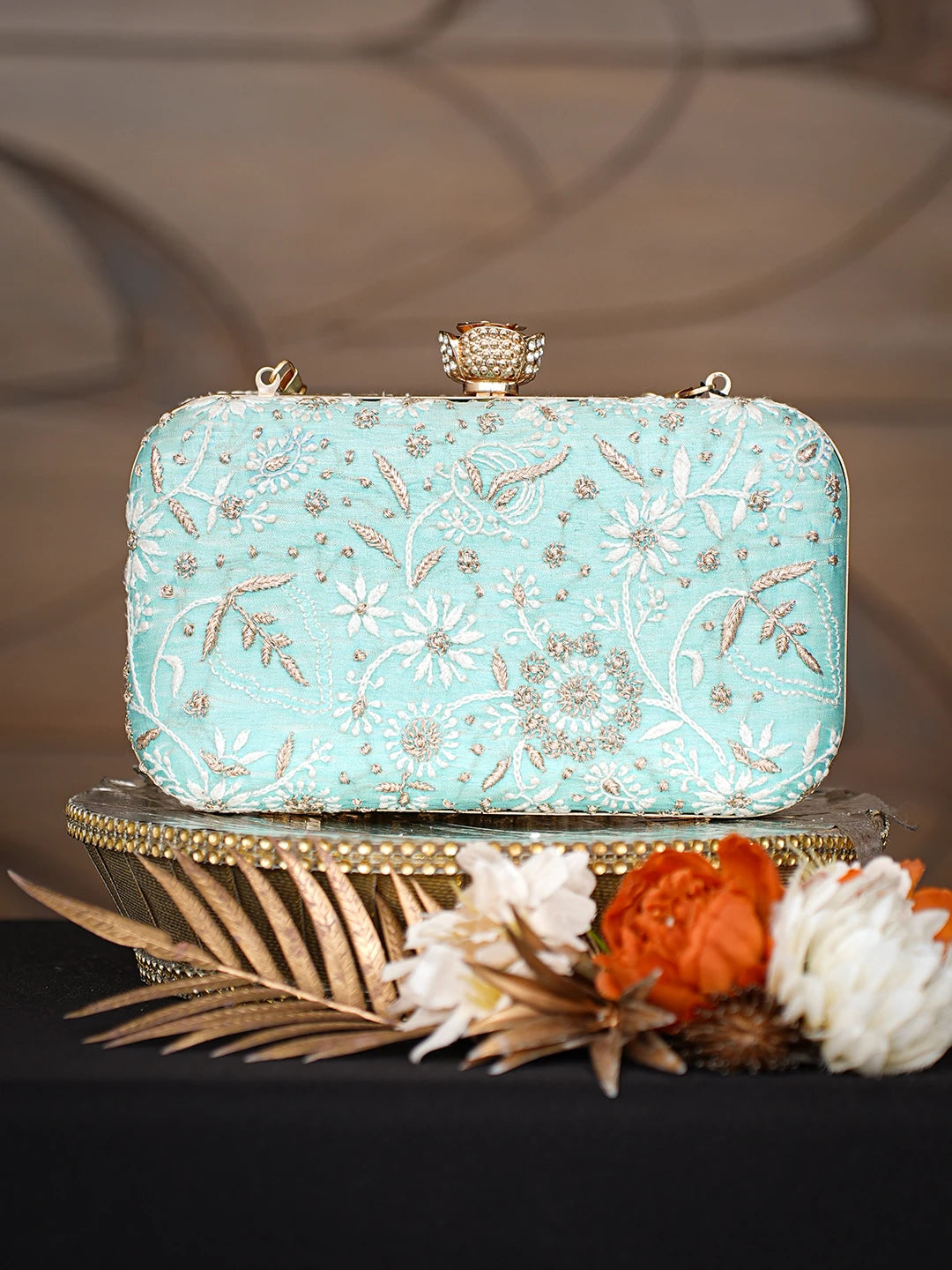 Ada Hand Embroidered Turquoise Silk Lucknowi Chikankari Clutch With Zari Taar Work 01A319521