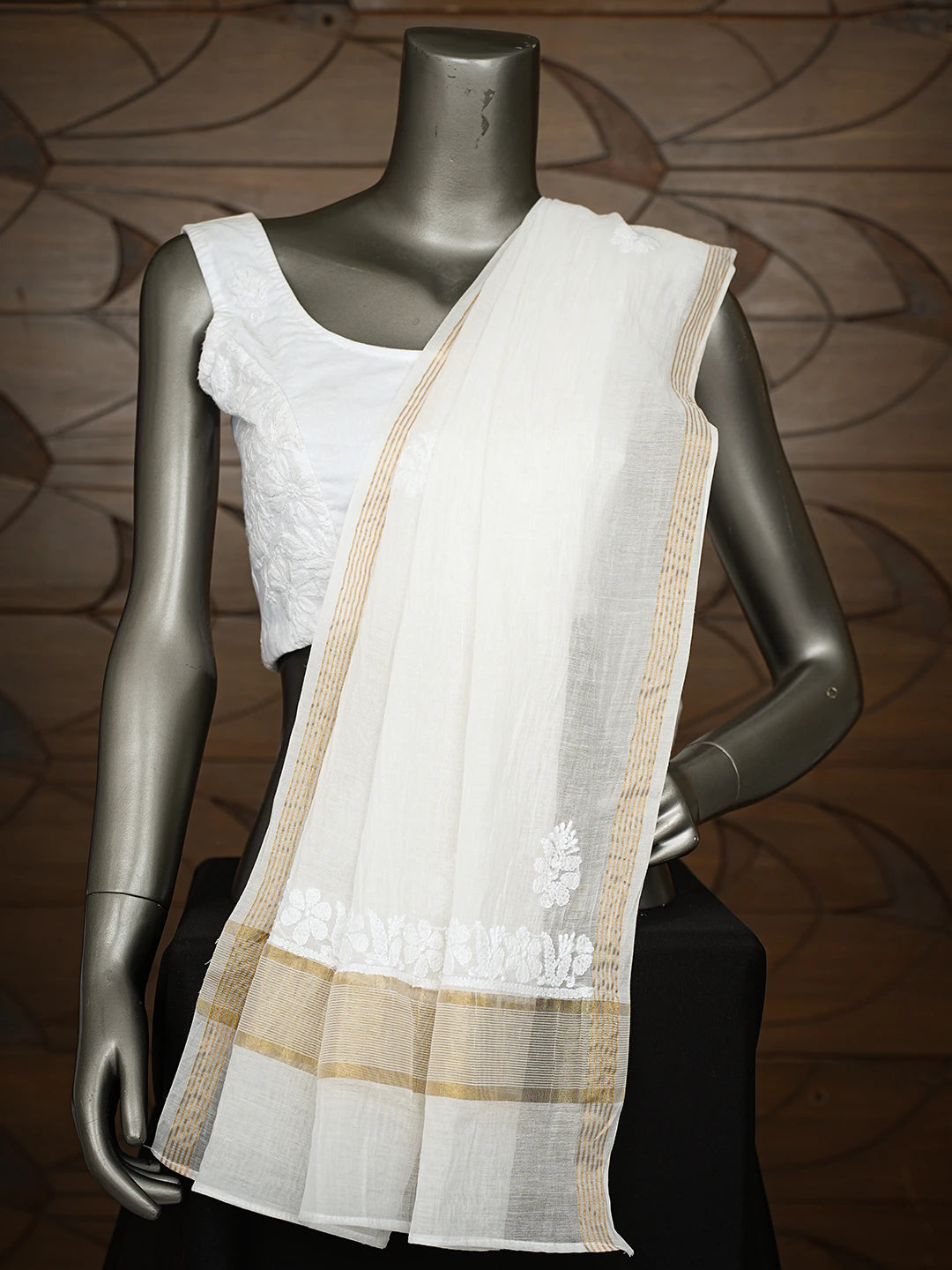 Ada Hand Embroidered White Chanderi Lucknowi Chikankari Dupatta 01A813790