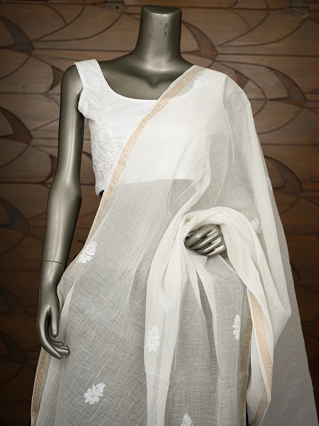 Ada Hand Embroidered White Chanderi Lucknowi Chikankari Dupatta 01A813790