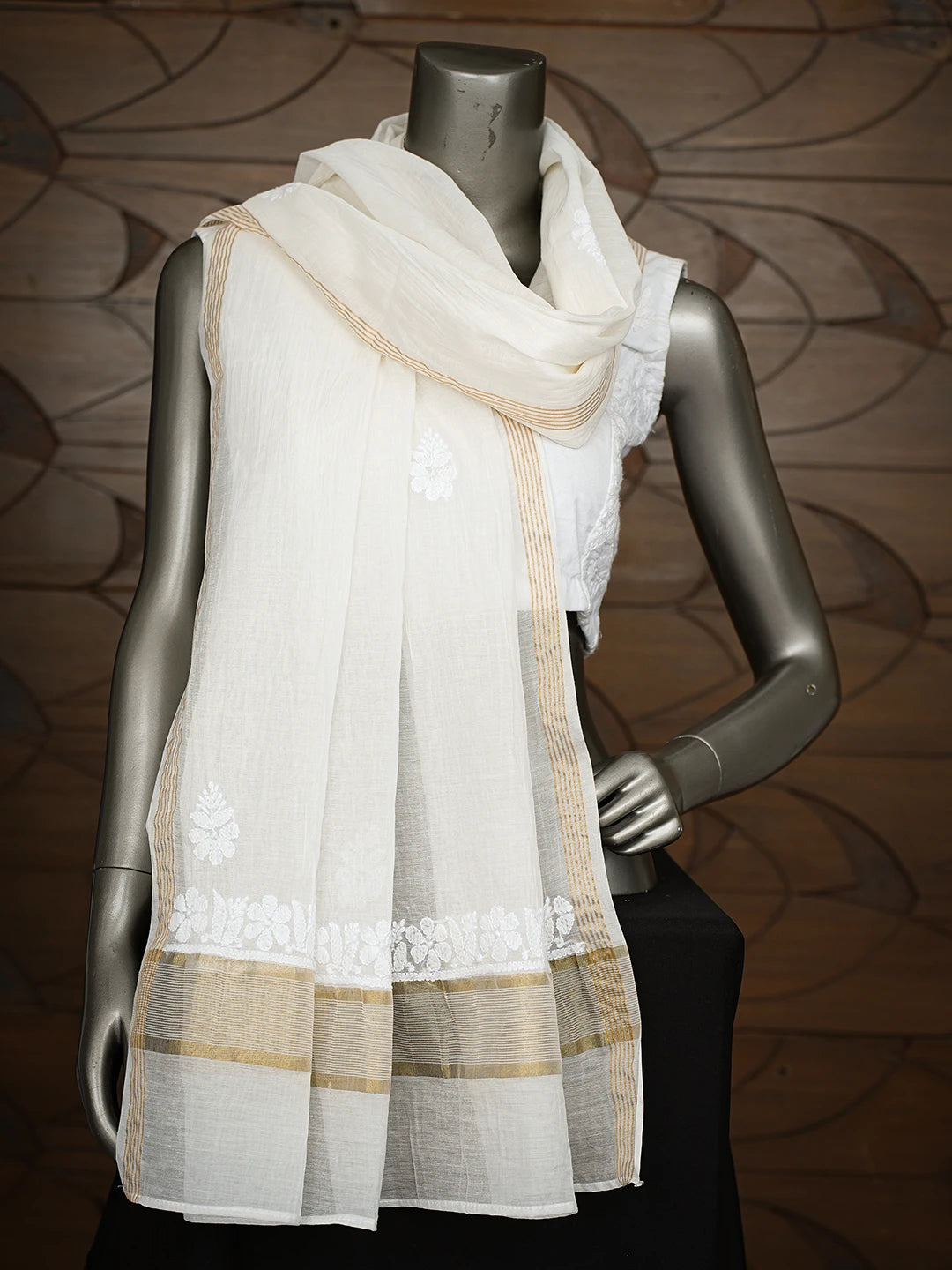 Ada Hand Embroidered White Chanderi Lucknowi Chikankari Dupatta 01A813790