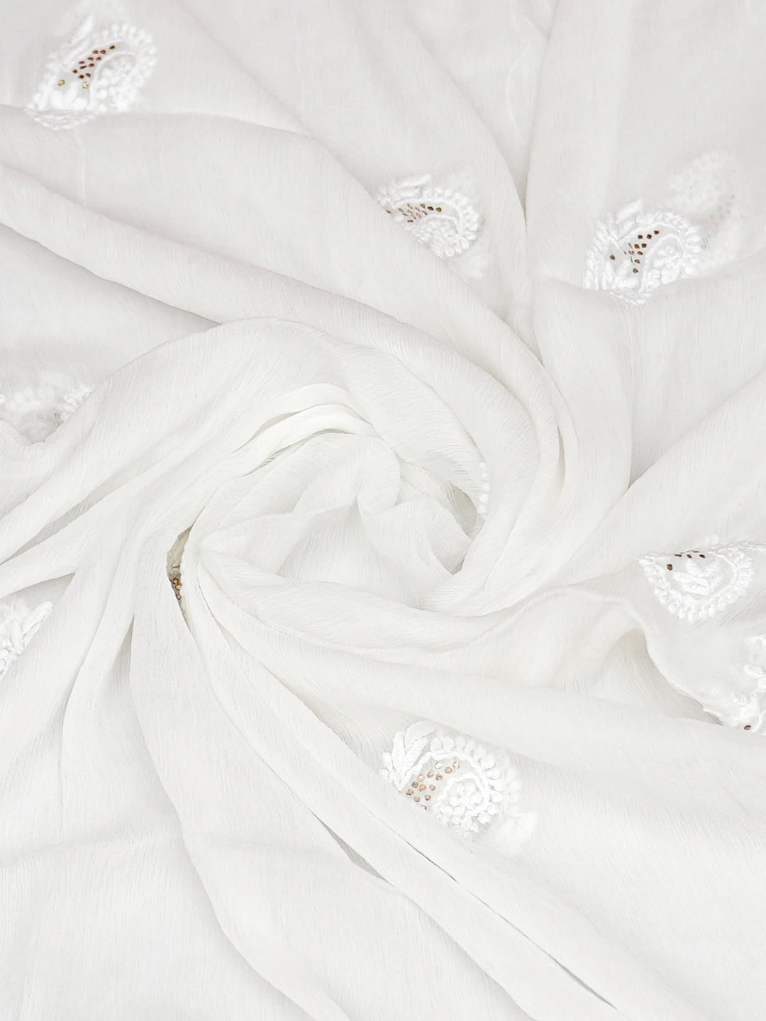 Ada Hand Embroidered White Chiffon Lucknowi Chikankari Dupatta With Mukaish Work 01A767537