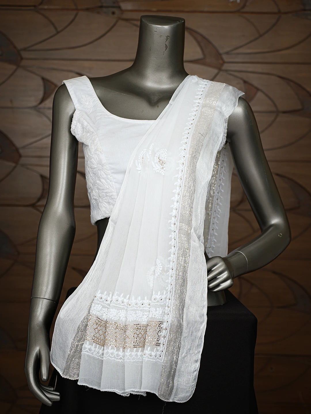 Ada Hand Embroidered White Chiffon Lucknowi Chikankari Dupatta With Mukaish Work 01A767537
