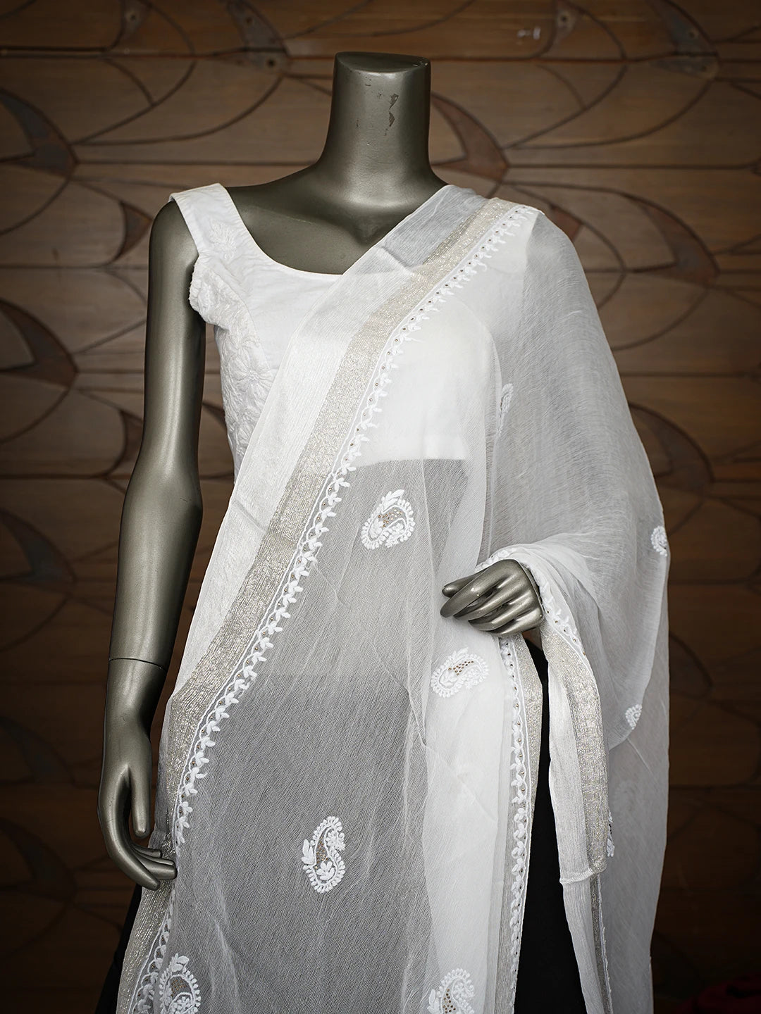 Ada Hand Embroidered White Chiffon Lucknowi Chikankari Dupatta With Mukaish Work 01A767537