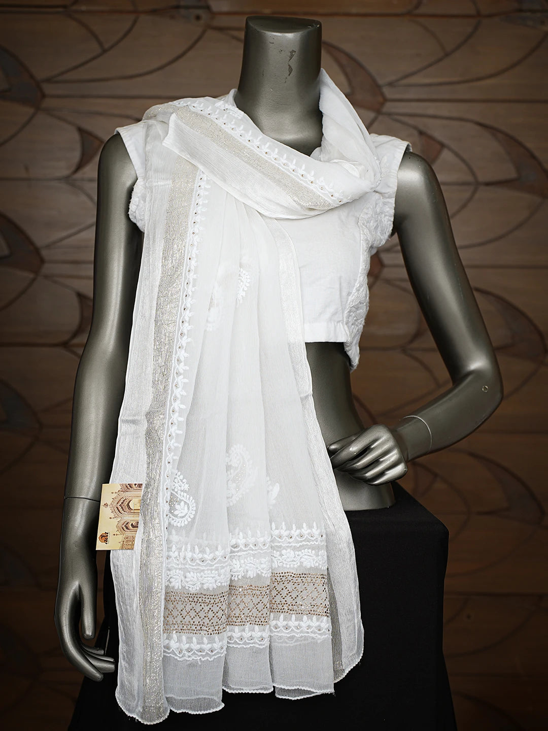 Ada Hand Embroidered White Chiffon Lucknowi Chikankari Dupatta With Mukaish Work 01A767537