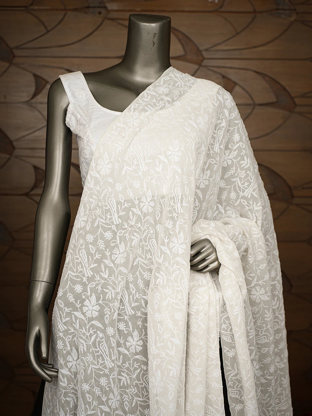 Ada Hand Embroidered White Pure Georgette Lucknowi Chikankari Dupatta 01A715951