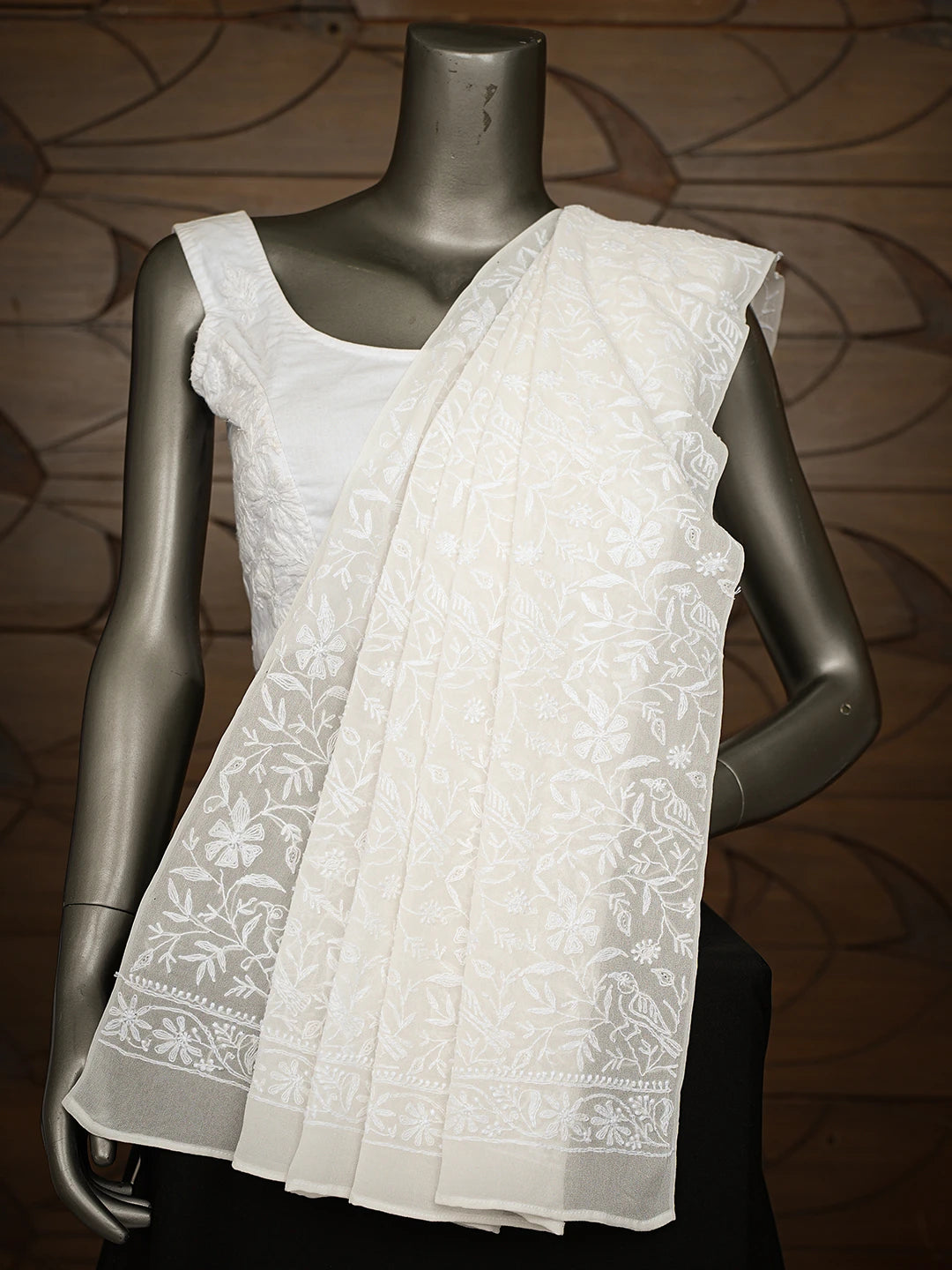 Ada Hand Embroidered White Pure Georgette Lucknowi Chikankari Dupatta 01A715951