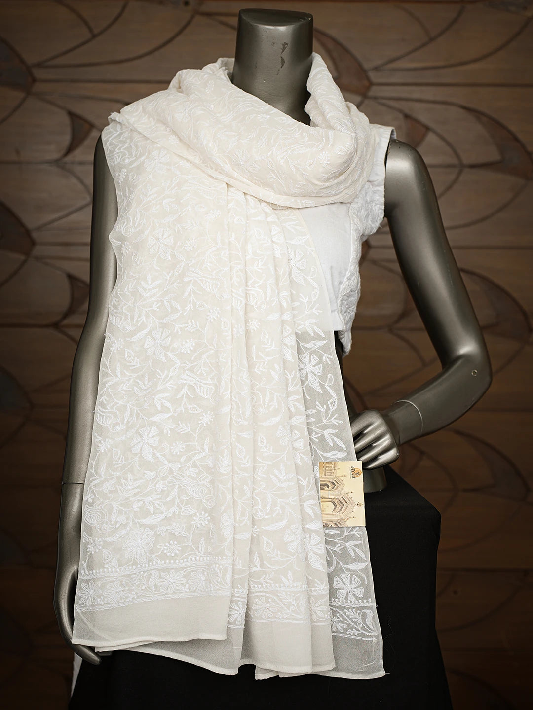 Ada Hand Embroidered White Pure Georgette Lucknowi Chikankari Dupatta 01A715951