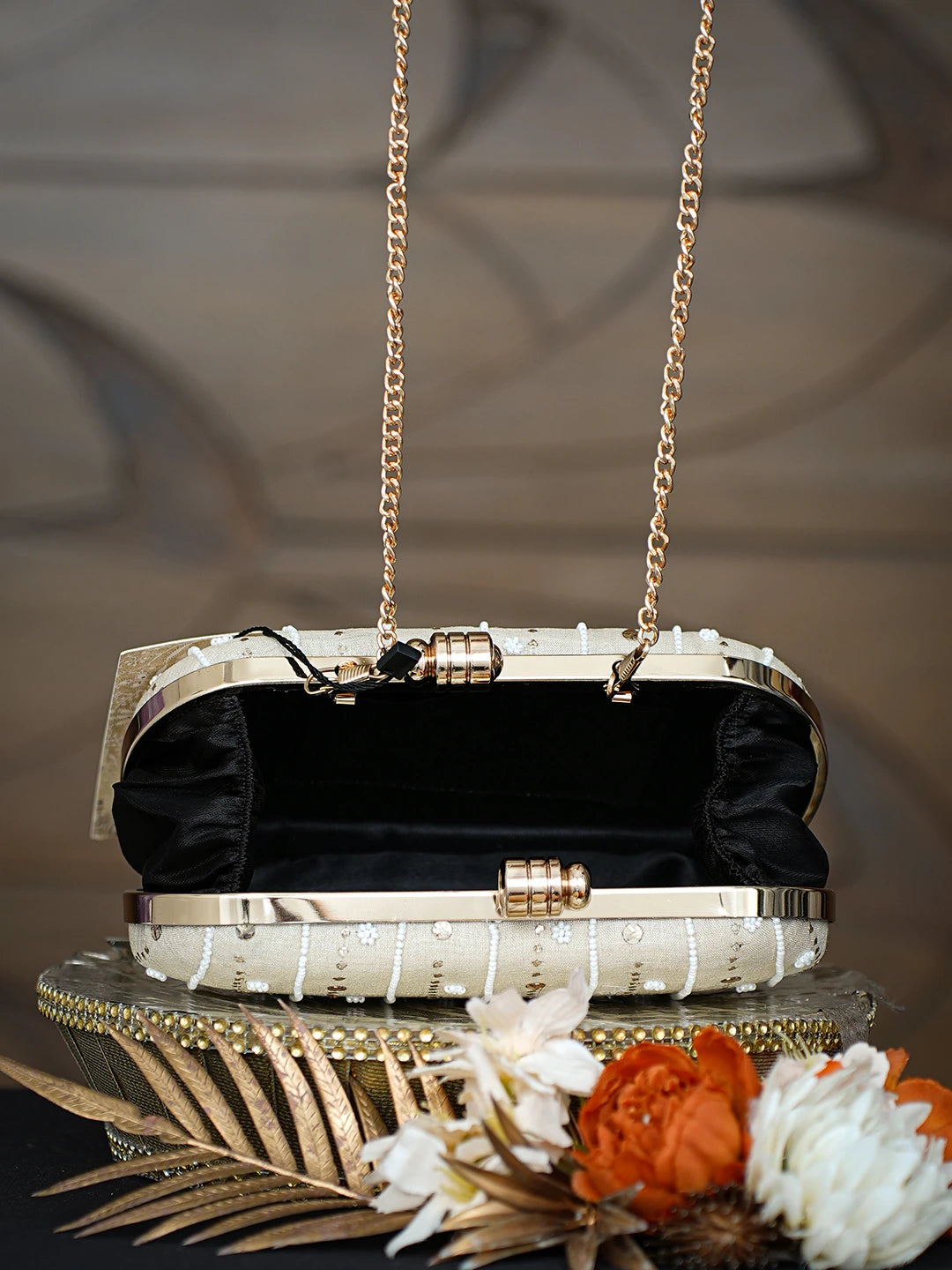 Ada Hand Embroidered Fawn Silk Lucknowi Chikankari Clutch With Pearl Work 01A785646