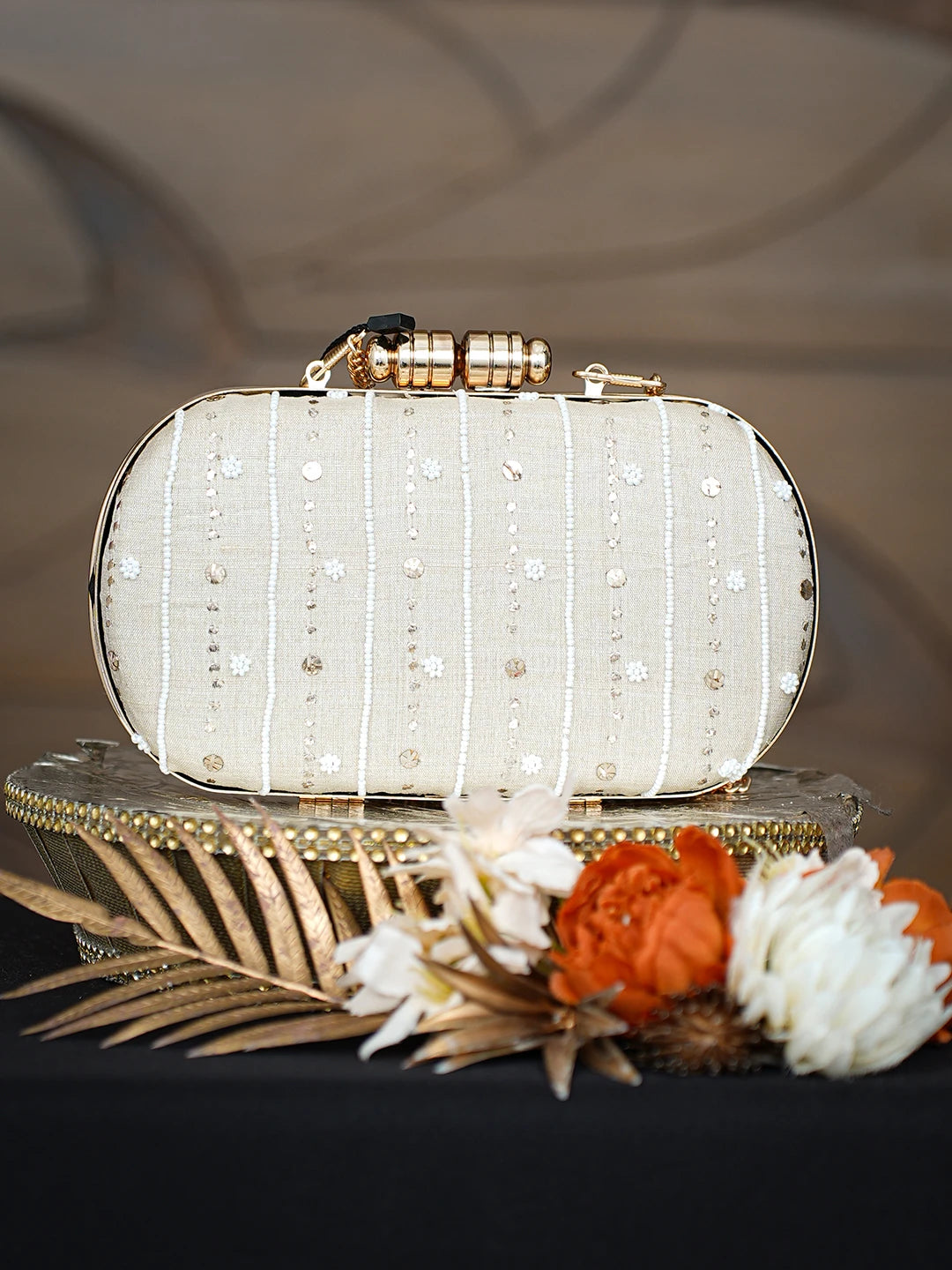 Ada Hand Embroidered Fawn Silk Lucknowi Chikankari Clutch With Pearl Work 01A785646